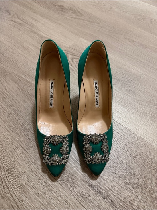 Manolo Blahnik Shoes - Manolo Blahnik Emerald Green Satin Pointed Pumps with Crystal Buckle